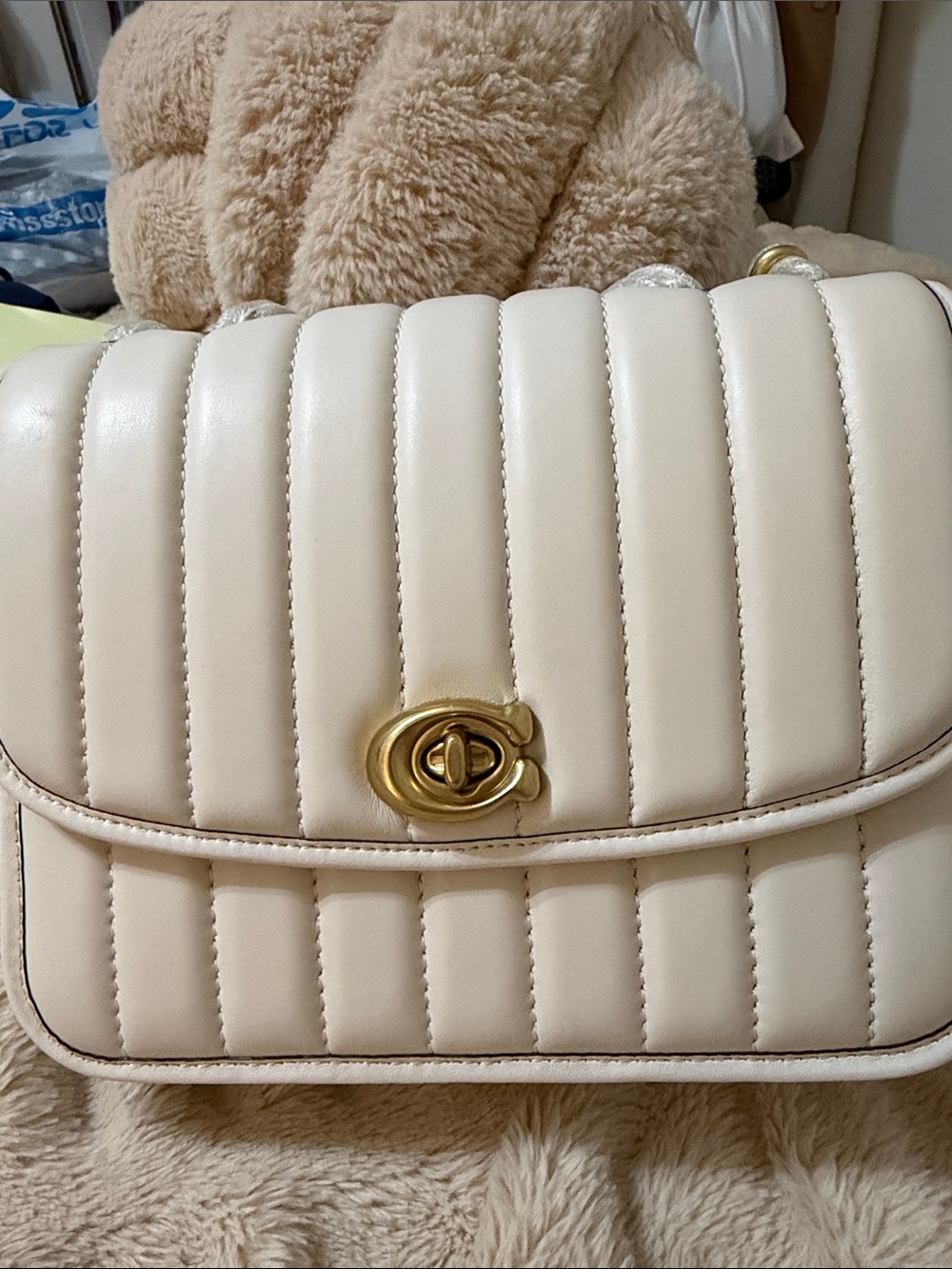 Cream Quilted Shoulder Bag with Gold Turn-Lock
